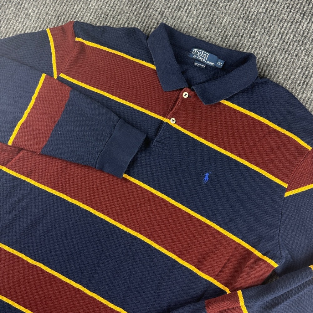 Polo Ralph Lauren Mens XXL Long Sleeve Striped Polo Shirt Navy Burgundy Yellow